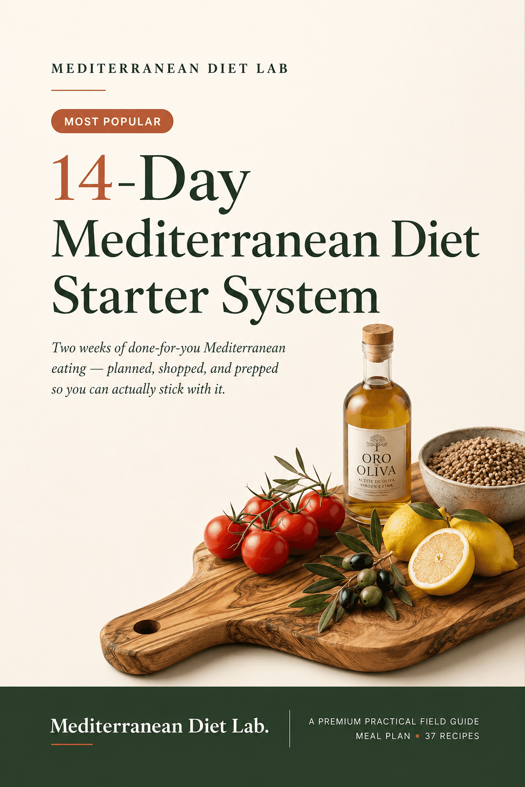Cover of the 14-Day Mediterranean Diet Starter System: an olive-wood board with tomatoes, olive oil, lemons and olives.