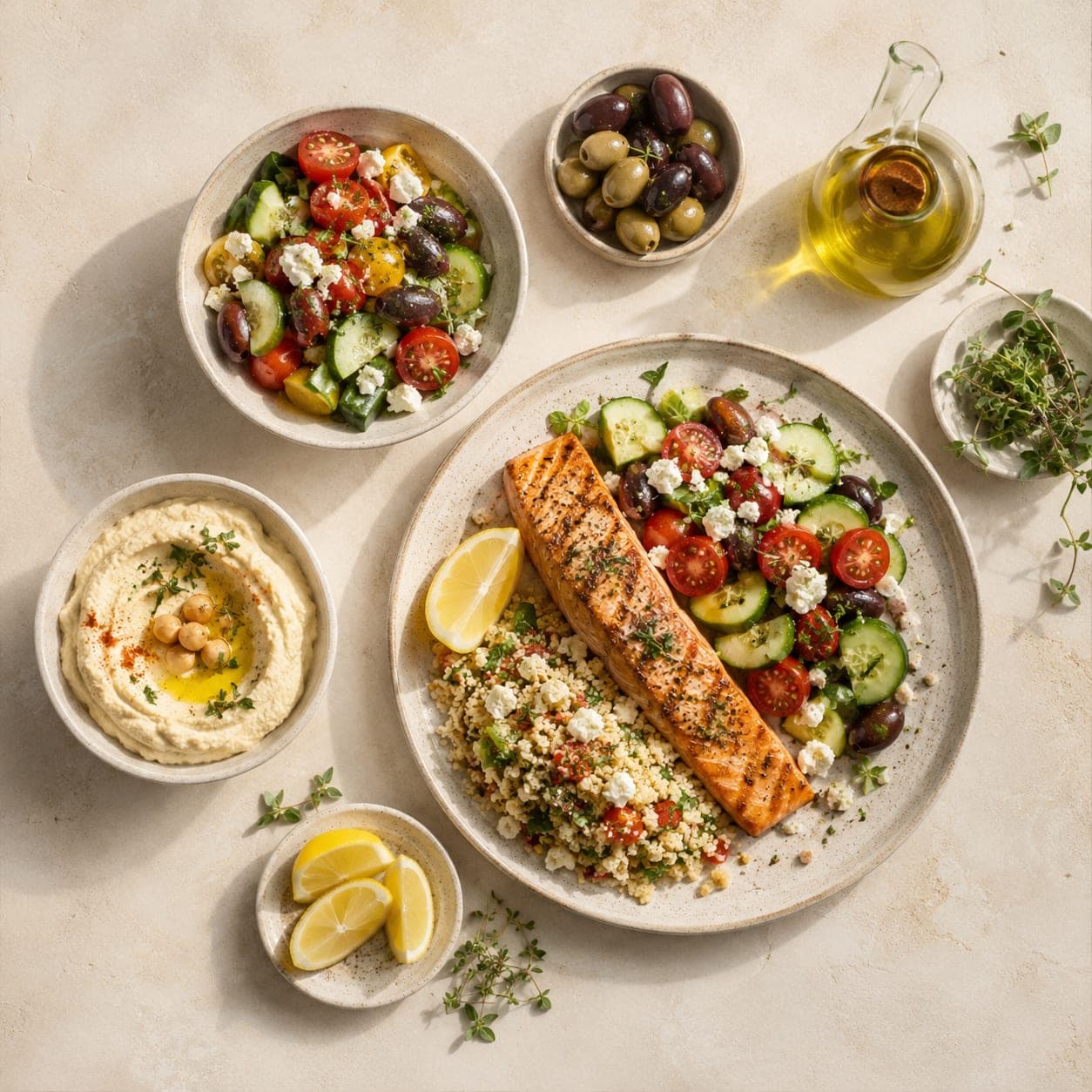 An overhead Mediterranean spread: a plate of grilled salmon with couscous and a cucumber, tomato and feta salad, ringed by bowls of hummus, olives, lemon wedges and fresh herbs, with a carafe of olive oil.